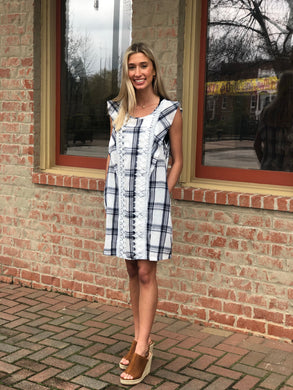 navy plaid dress with lace detail